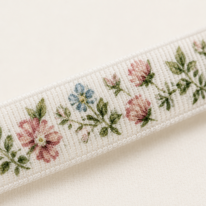13mm floral printed elastic, macro view