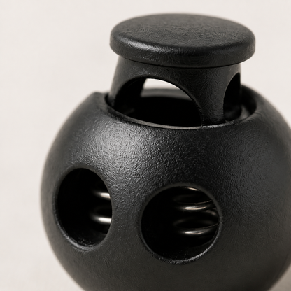 bomb shaped black cord stopper, macro view
